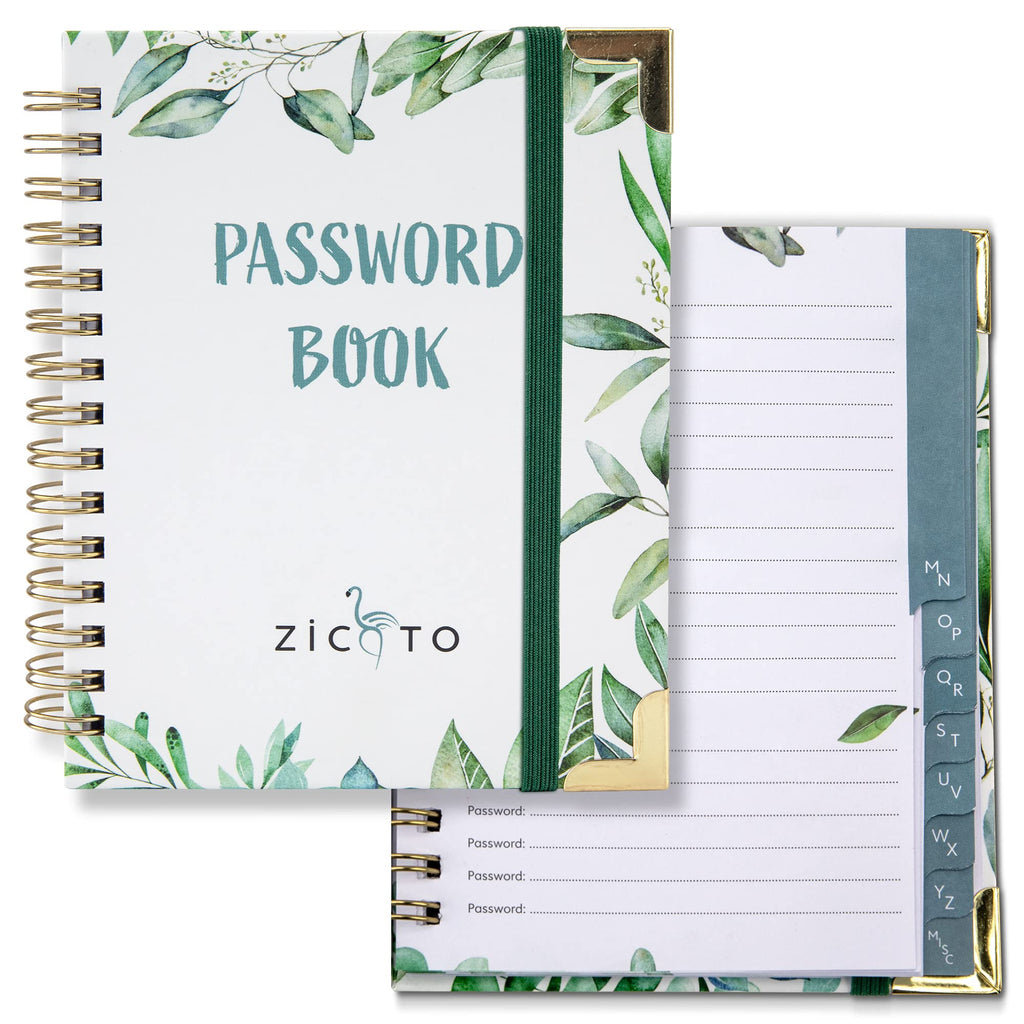 Simplified Greenery Password Book with Alphabetical Tabs - Pocket Sized Internet Password Keeper and Organizer w/Quick Search Design – Log and Sign in Book Journal Incl. Address and Notebook Section