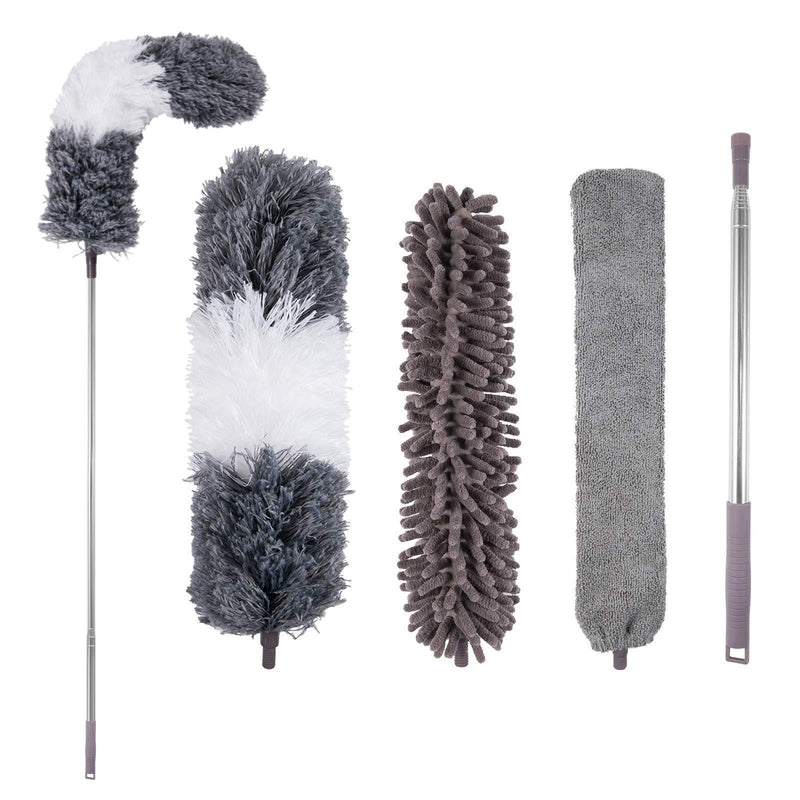 Microfiber Duster, with Extension Pole(Stainless Steel) 30 to 100 Inches, Reusable Bendable Dusters, Washable Lightweight Dusters for Cleaning Ceiling Fan, High Ceiling, Blinds, Furniture, Cars