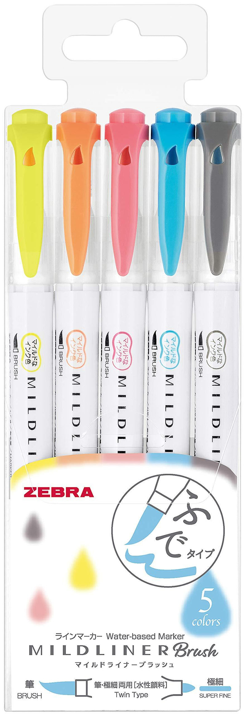 ZEBRA Highlighter Mildliner Brush, 5 Friendly Color Set (WFT8-N-5C)