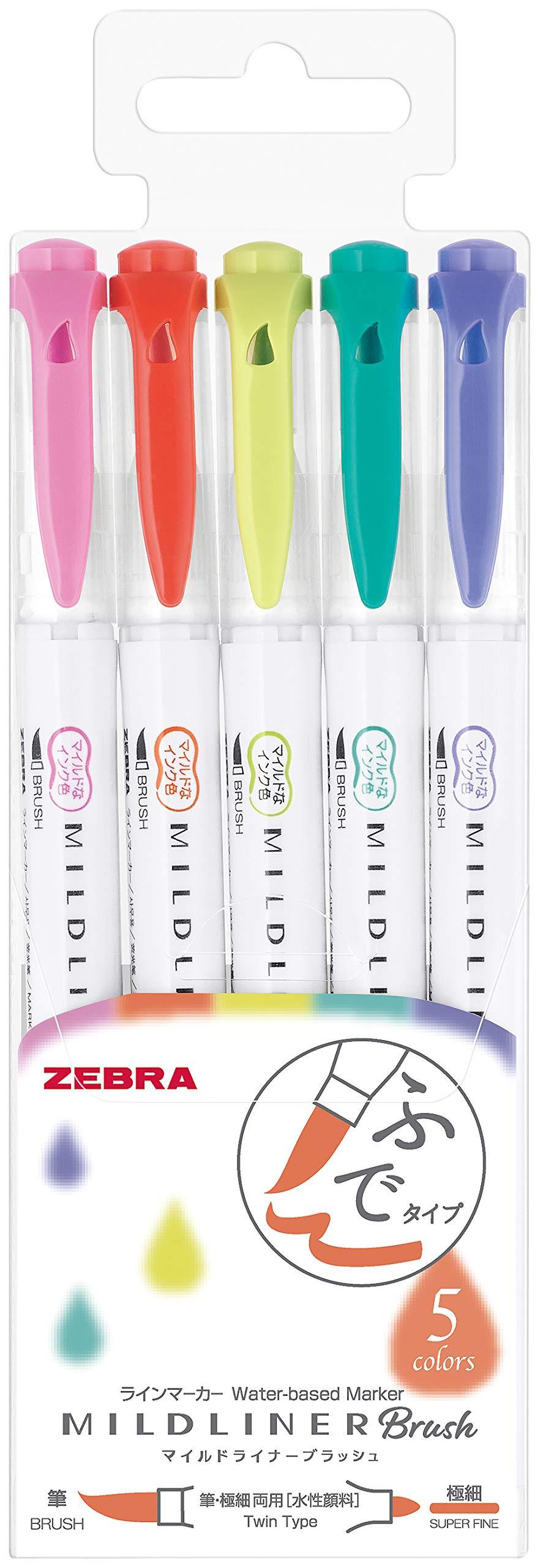 ZEBRA Highlighter Mildliner Brush, 5 Bright Color Set (WFT8-5C-HC)