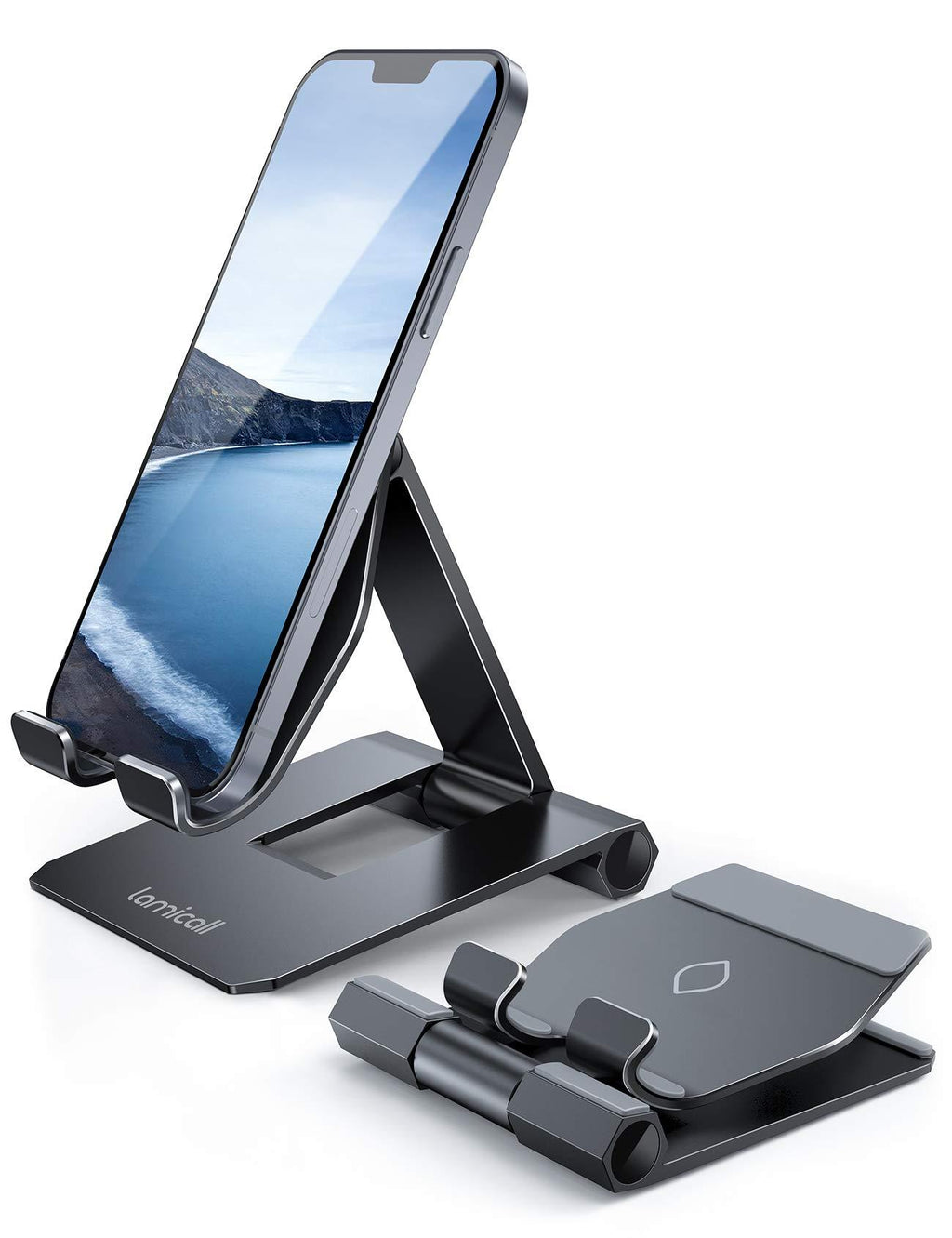 Lamicall Adjustable Cell Phone Stand for Desk - Foldable Aluminum Desktop Phone Holder Cradle Dock, Compatible with Phone 12 Mini 11 Pro Xs Xs Max Xr X 8 7 6 6s Plus Smartphones, Tablets (4-11'') Black