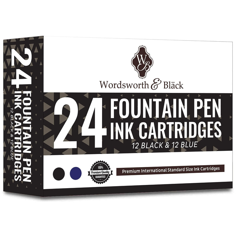 Wordsworth & Black 24 Pack Fountain Pen Ink Refills - Set of 12 Black - 12 Blue Ink Cartridges - International Standard Size - Length APPR 1.5" - Base Diameter APPR 0.24" - Disposable and Generic Black & Blue