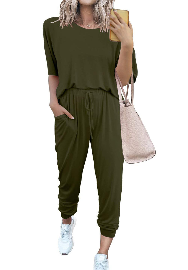PRETTYGARDEN Women’s Two Piece Outfit Short Sleeve Pullover With Drawstring Long Pants Tracksuit Jogger Set Army Green Small