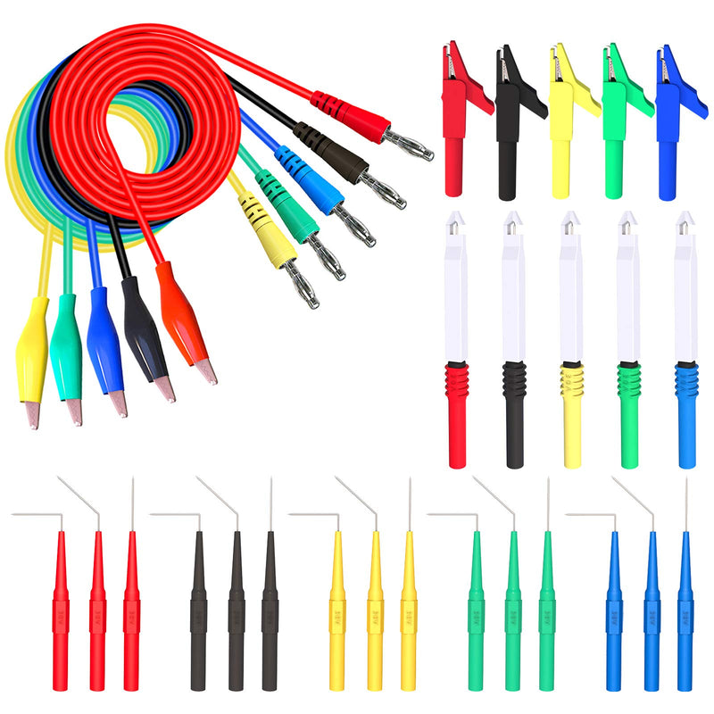 Goupchn Back Probe Kit 30PCS Banana Plug to Copper Alligator Clip Automotive Test Leads Set with Alligator Clips, Wire Piercing Probes, 15PCS 30V Back Probe Pins for Car Repairing Diagnostic 5 Colors P1920B