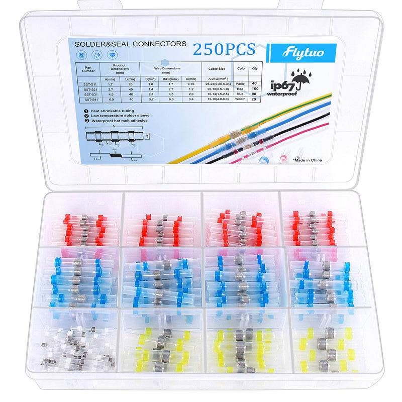 Flytuo 250PCS Solder Seal Wire Connectors, Heat Shrink Solder Butt Connectors, Waterproof Insulated Electrical Butt Splice Wire Terminals for Marine, Aircraft, Boat, Truck, Stereo, Joint