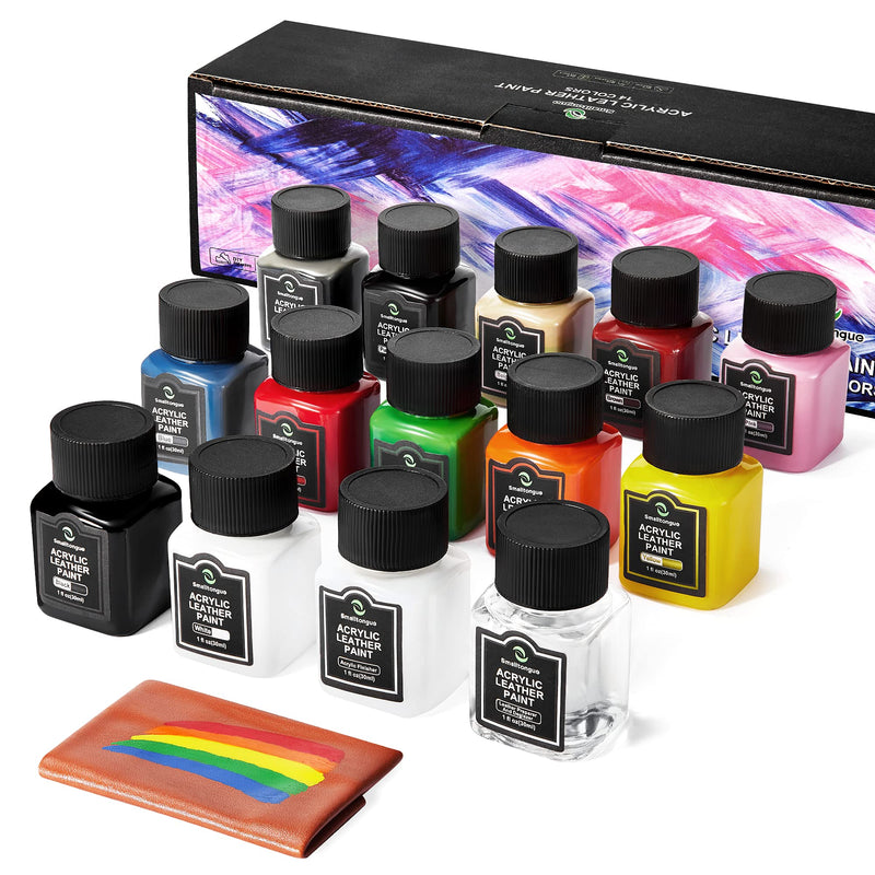Smalltongue 14 Colors Acrylic Leather Paint Kit for Shoes, Sneaker, Couches, Bags, Car Seat, Acrylic Leather Dye Set with Leather Preparer And Deglazer, Acrylic Finisher for Beginner, Airbrush 1 Fl Oz (Pack of 14)