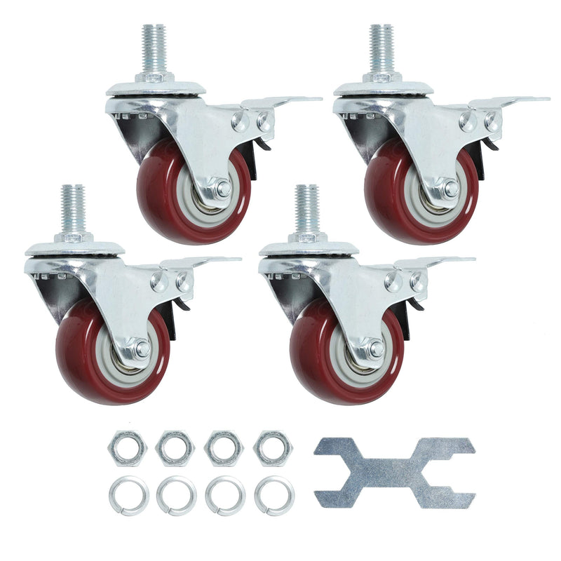 Finnhomy Swivel Caster Wheels 2 Inch Heavy Duty Threaded Stem Casters 1/2"-13 x 1" with Brake Set of 4 Premium Polyurethane Wheels PU Load Bearing 800 Lbs Anti-wear Smooth Casters, Red 1/2"-13x1"(with brake)