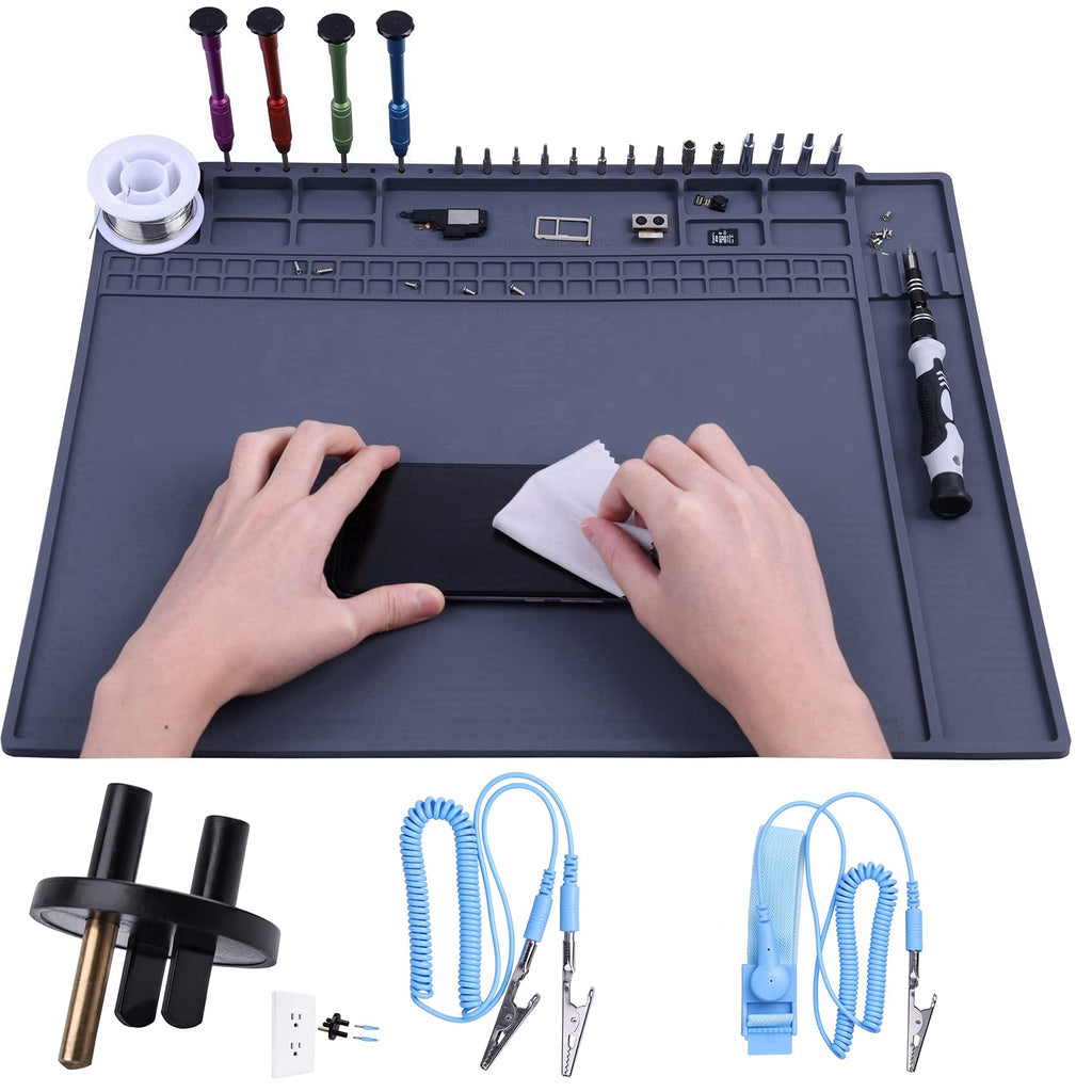 Anti Static Mat for Computer, Laptop, Cellphone, iPad Electronics Repair, HPFIX ESD Mat Soldering Pad Heat Resistant 17.7" x 13.6" Super Large with ESD Wrist Strap and Grounding Cord