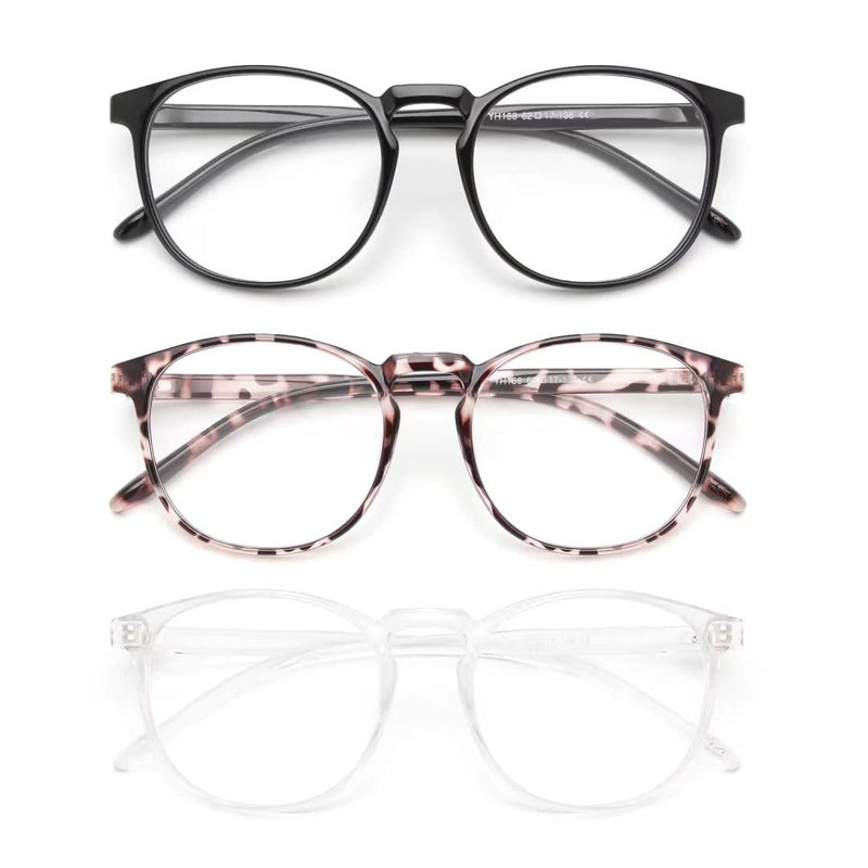IBOANN 3 Pack Blue Light Blocking Glasses Women/Men, Round Fashion Retro Frame, Vintage Fake Eyeglasses with Clear Lens A1 Light Black & Leopard & Tranparent