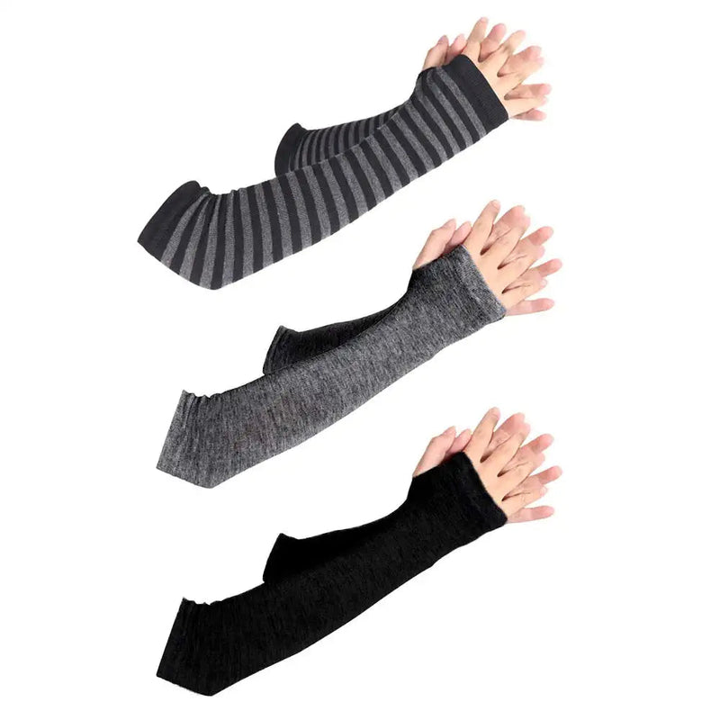 unisex Long Fingerless Gloves for Women Arm Warmers Knit Thumbhole Stretchy Gloves 3pairs（black/Darkgray/Black-gray）