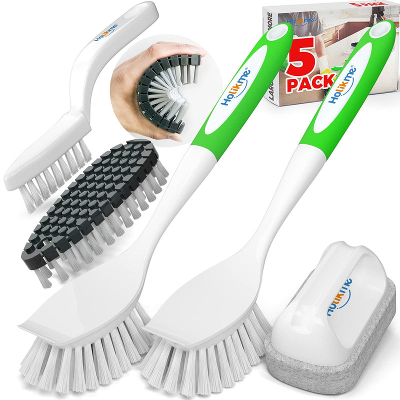 Holikme 5 Pack Kitchen Cleaning Brush Set, Dish Brush for Cleaning, Kitchen Scrub Brush&Bendable Clean Brush&Groove Gap Brush&Scouring Pad for Pot and Pan, Kitchen Sink, Green
