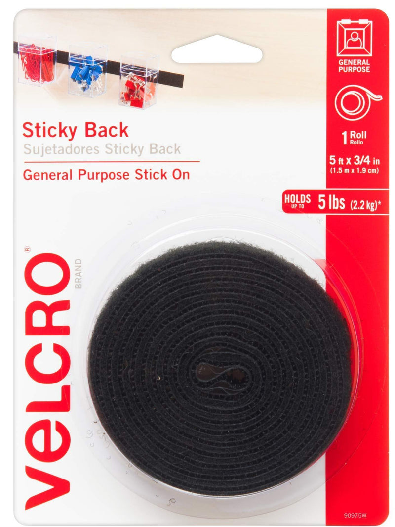 VELCRO Brand 6 Ft x 3/4 in | Sticky Back Tape Roll with Adhesive | Cut Strips to Length | Hook and Loop Fasteners | Perfect for Home, Office or Classroom, Black, 90975W