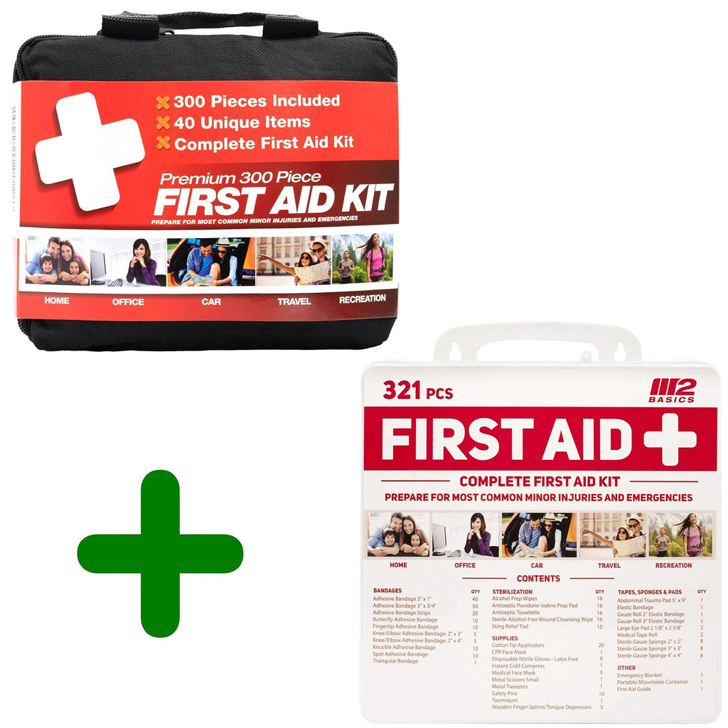 All-Purpose Bundle: 2 Pack 300 Piece + 321 Piece First Aid Kits by M2 BASICS