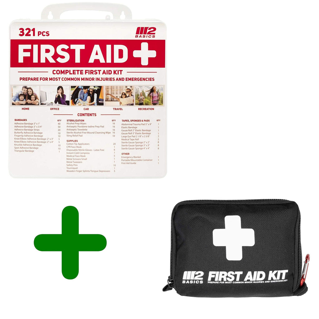 Compact Bundle: 2 Pack 321 Piece + 150 Piece First Aid Kits by M2 BASICS