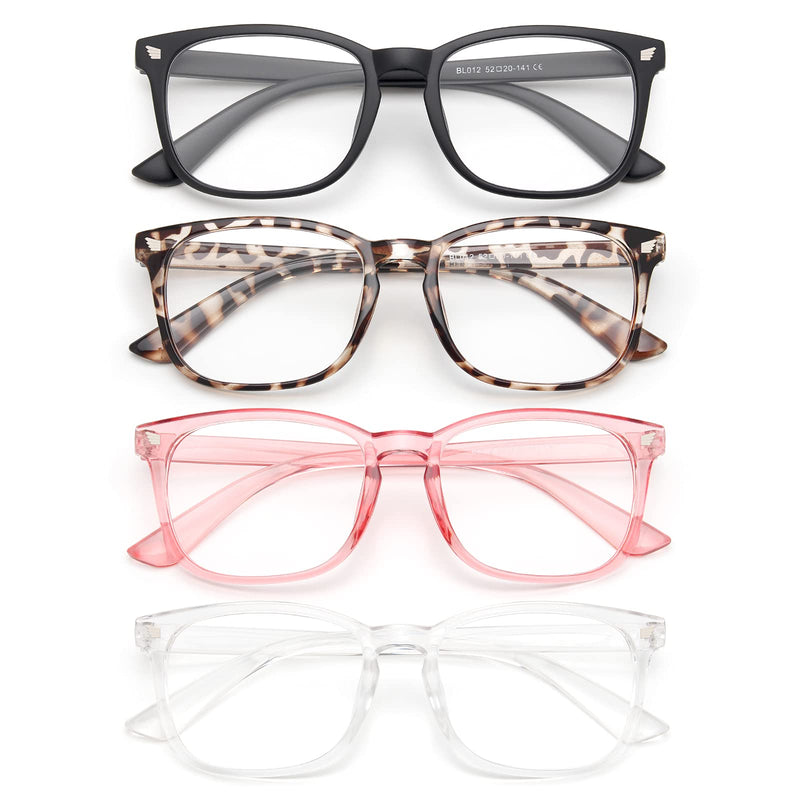 Gaoye 4-Pack Blue Light Glasses, Anti UV Ray/Glare Lens Fashion Fake Frames Computer Gaming Glasses for Women Men A1 Matte Black+leopard+transparent+pink clear