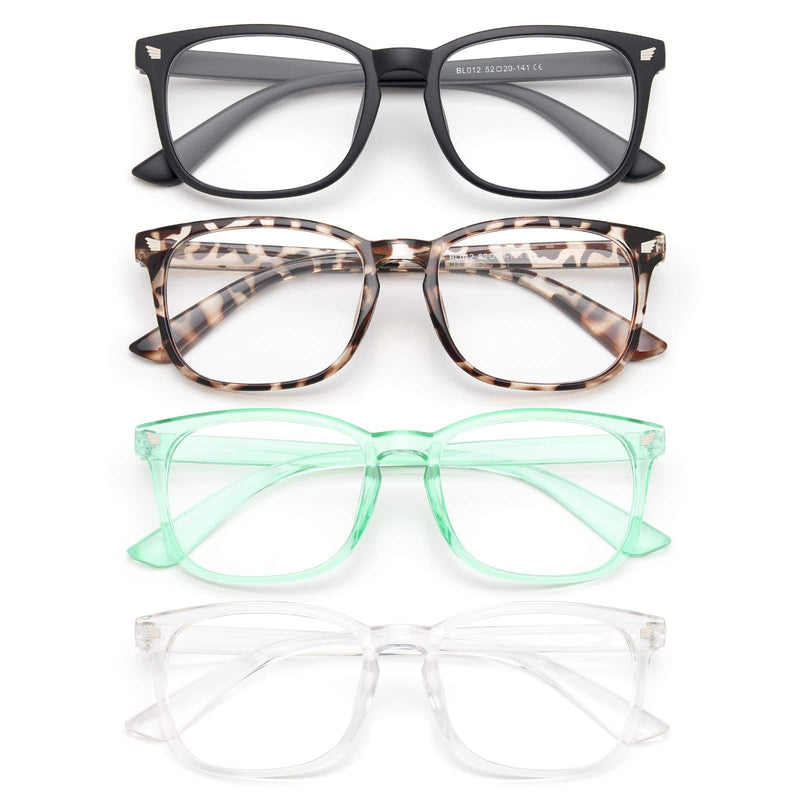 Gaoye 4-Pack Blue Light Glasses, Anti UV Ray/Glare Lens Fashion Fake Frames Computer Gaming Glasses for Women Men A4 Matte Black+leopard+transparent+green clear