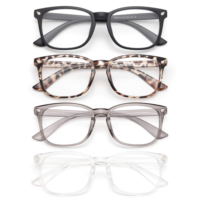 Gaoye 4-Pack Blue Light Glasses, Anti UV Ray/Glare Lens Fashion Fake Frames Computer Gaming Glasses for Women Men A3 Matte Black+leopard+transparent+gray clear