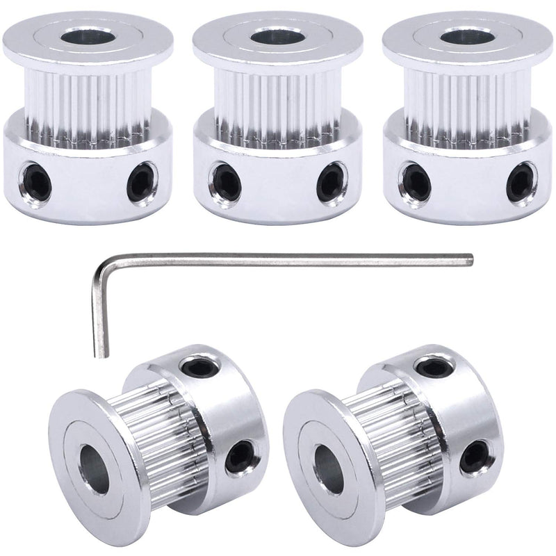 Taiss 5Pcs Silver 5mm(0.19″) Bore 20 Teeth GT2 Belt Pulley for 3D Printer 6mm Width 20T Timing Belt Aluminum Belt Pulley (Screw Wrench Included) F020-W-5