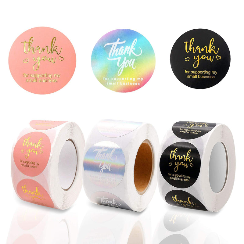 SumDirect 3 Rolls 1.5Inch 1500Pcs Thank You Stickers Rolls, Thank You for Supporting My Small Business Labels Seals(Black+Pink+Holographic) 3 Colors-pink+black+holographic