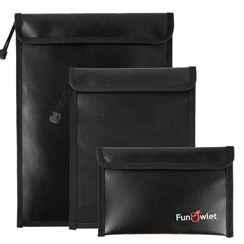 Fireproof Waterproof Money Document Bag - 3 Pack Safe Upgraded Zipper Bags, Fire & Water Resistant Storage Organizer Pouch for A4 A5 Documents Holder,File,Cash,Jewelry,Passport,Tablet,Laptop (Black) Black