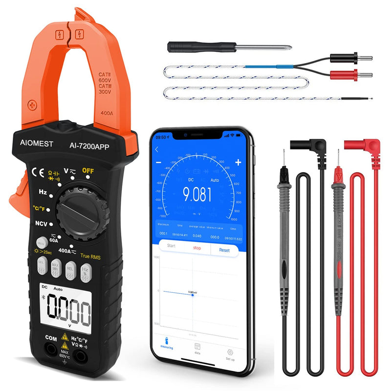 Digital Clamp Multimeter, AC DC Amp Volt Ohm Clamp-on Meter with Bluetooth APP, Intelligent DMM AN-7200APP Tester for Voltage Current Resistance Capacitance Hz Temp Diode Continuity Buzzer with Lamp