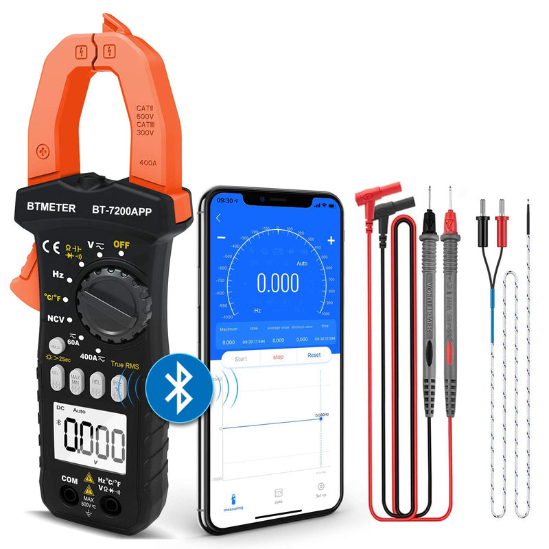 BTMETER BT-7200APP TRMS 6000 Counts Clamp Multimeter, Bluetooth Digital Clamp-on Ammeter for AC/DC Current Voltage Resistance Capacitor Frequency Continuity Temperature NCV