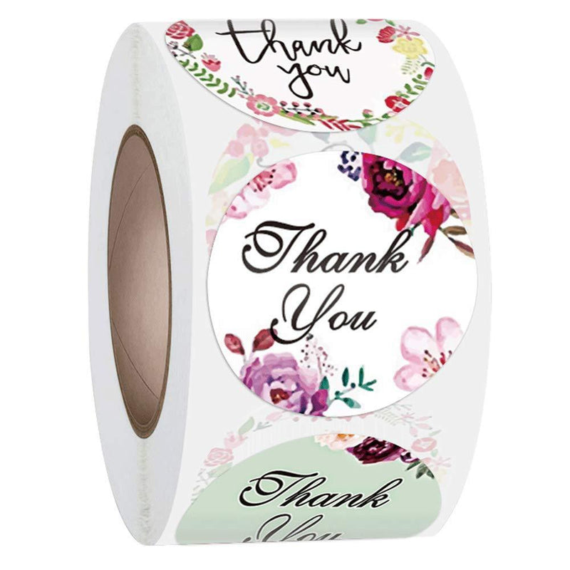 1" Floral Thank You Roll Stickers 500 Pcs, 4 Designs, Thank You for Your Order Stickers Labels for Handmade Goods Small Business Owners, for Small Wedding Birthday Christmas Thanksgiving Party