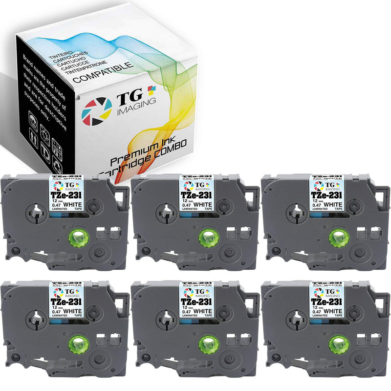 (6 Value Pack) Compatible P-Touch (Black on White) TZe-231 Label Tape for Brother (1/2 inches, 12mm) P-Touch PTD210 PTE300 PTD400 PTD60 Labelers, Sold by TG Imaging