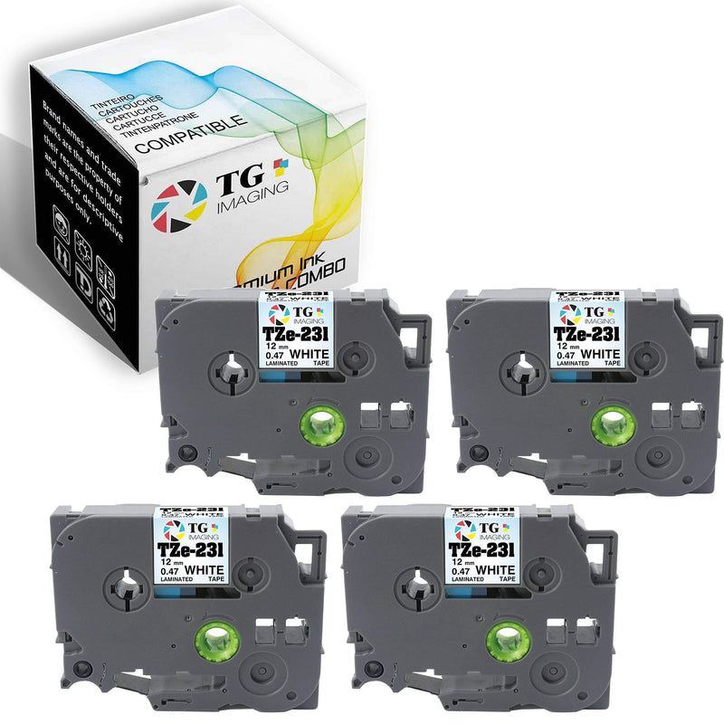 (4 Pack) Compatible P-Touch TZe-231 Label Tape TZc-231(Black on White) for Brother P-Touch PTE100 PTD210 PTD400 PTD60 PT1000 Label Maker, Sold by TG Imaging (1/2 inch x 26.2 Feet)