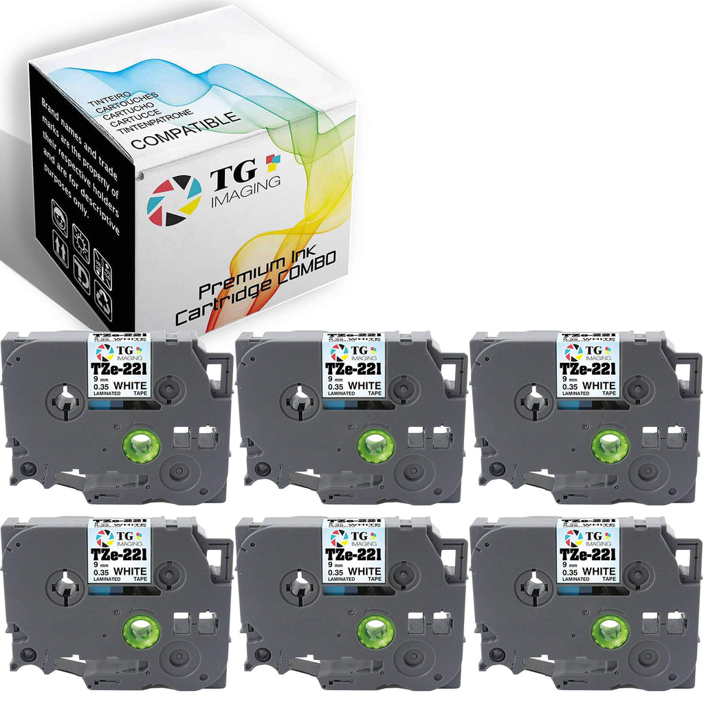 (6 x Black on White) Compatible P-Touch TZe-221 TZ-221 Label Tape (3/8 Inch, 9mm) for Brother P-Touch PTD210 PTE300 PTD400 PTD600 Labelers, Sold by TG Imaging