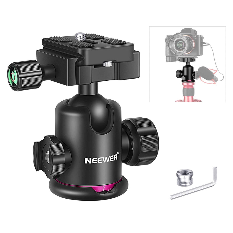 Neewer Ball Head Tripod Mount with Cold Shoe Mic/Light Mount, 360 Degree Rotating Panoramic Ball Head with 1/4 inch Quick Release Plate for Tripod, Monopod, DSLRs, Slider, Load up to 17.6lbs/8kg