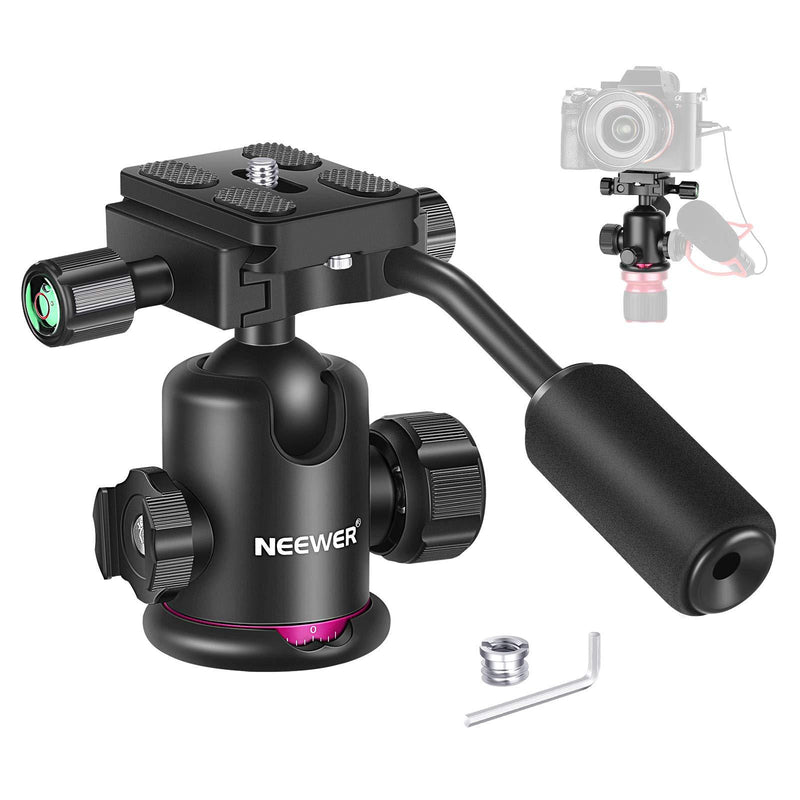 Neewer Ball Head with Handle and Cold Shoe Mic/Light Mount, 360 Degree Rotating Panoramic Ball Head Tripod Mount with 1/4 Inch Quick Release Plate for Tripod, Monopod, DSLRs, Load up to 17.6lbs/8kg