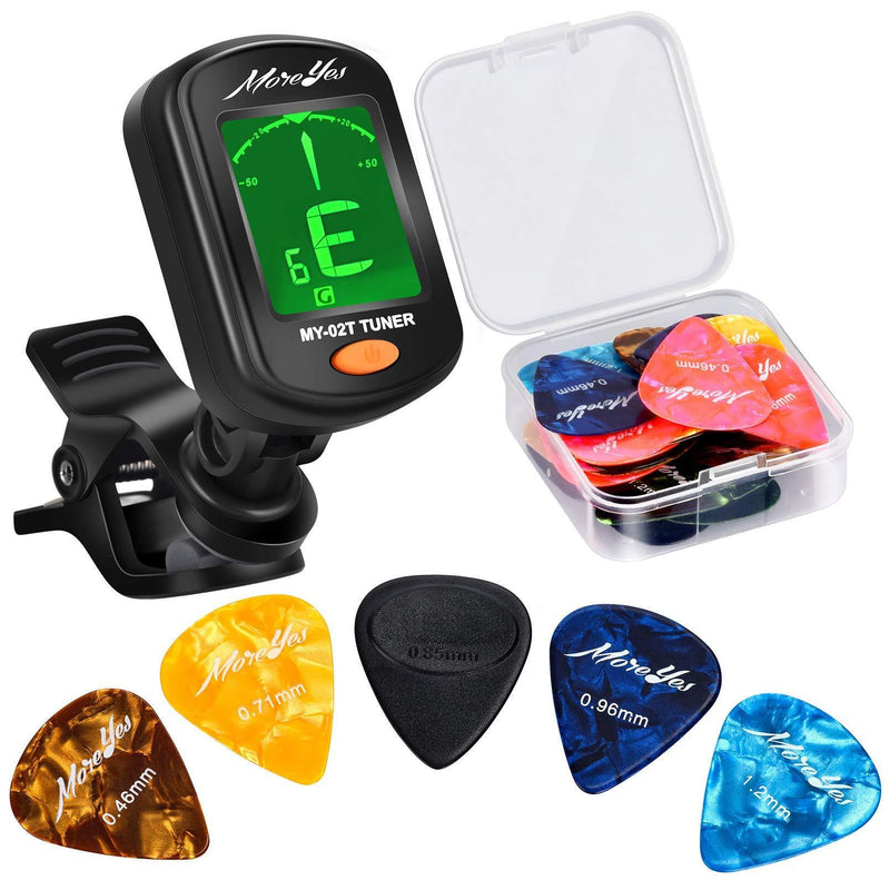 MOREYES 28Pcs Picks Guitar Tuner Clip on Chromatic Digital Tuner for Acoustic Guitars Violin, Ukulele, Bass
