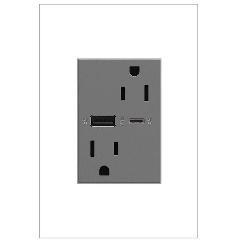 adorne Dual-USB, 15A, Ultra-Fast Charge, 6 Amp, Type A/C, USB, Hybrid Outlet, Magnesium, ARTRUSB156ACM4 Without Wall Plate