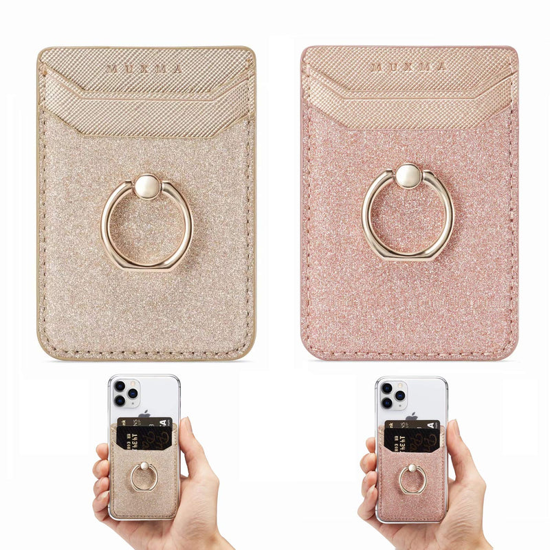 Phone Card Holder RFID Credit Wallet with Kickstand Ring for Women, DMaos 2 Pieces Glitter Sands Wallet Stick-On Back Grip for iPhone Samsung Android and Smartphones - Pink + Gold