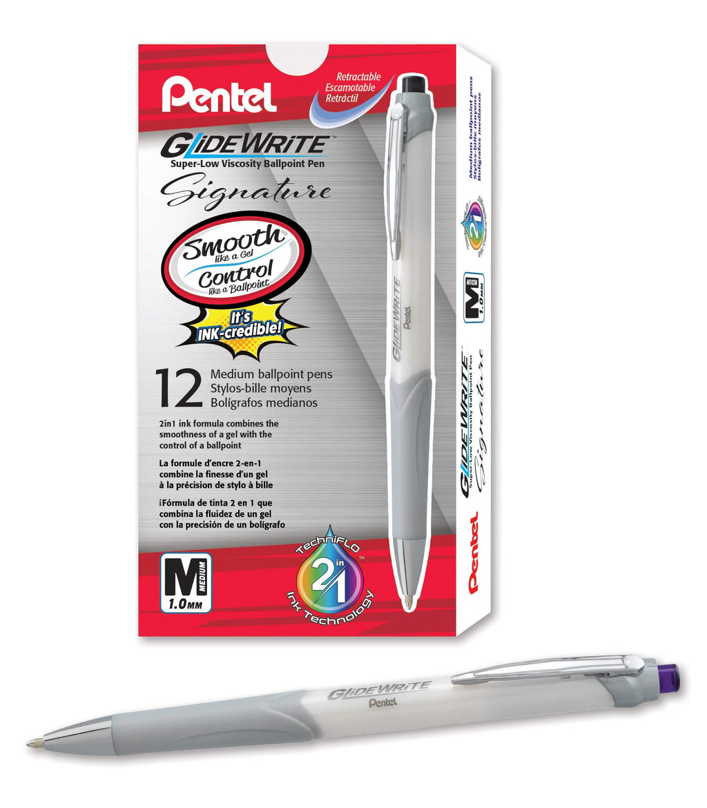 Pentel Glidewrite Signature Ballpoint Pen Pearl White Barrel, (1.0mm) Medium Line, Violet Ink, 12 Pens (BX930W-V)