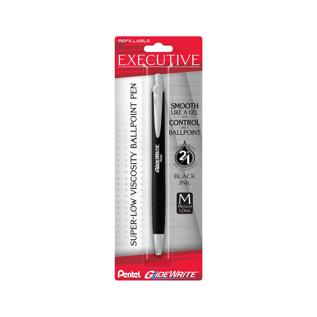 Pentel GlideWrite Executive Ballpoint Pen, (1.0mm) Medium line, Black Metal Barrel, Black Ink (BX970ABP) Black Barrel 1 Pack