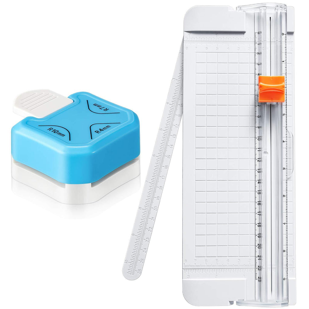 2 Pieces Paper Cutter and 3 in 1 (4 mm 7 mm 10 mm) Corner Rounder Punch Set Portable Paper Trimmer with Automatic Security and Side Ruler 3 Way Corner Cutter Paper Punch for Card Scrapbooking