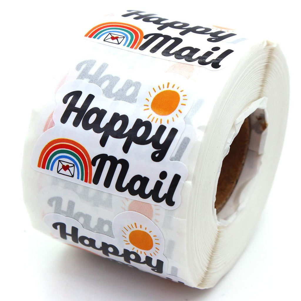 Muminglong 1.5 Inch Happy Mail with Sun and Rainbow Stickers, Small Shop Stickers, Thank You Sticker,Small Business, Packaging Sticker, 500 PCS