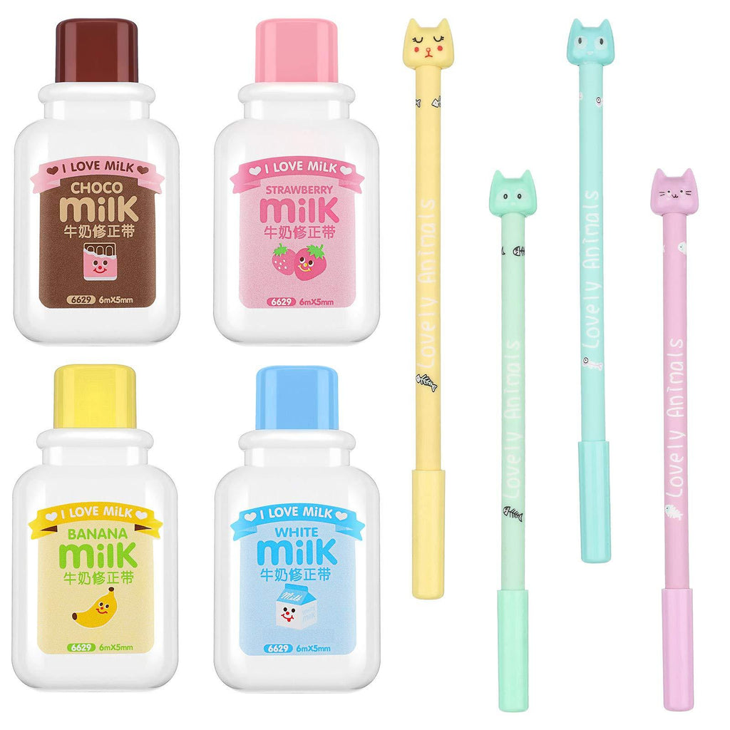 4 Pieces Milk Bottle Style Correction Tape Writing Correction Tape Eraser and 4 Pieces Cute Cartoon Cat Pens Black Writing Gel Ink Pen for Kids Students, School Stationery Office Supplies