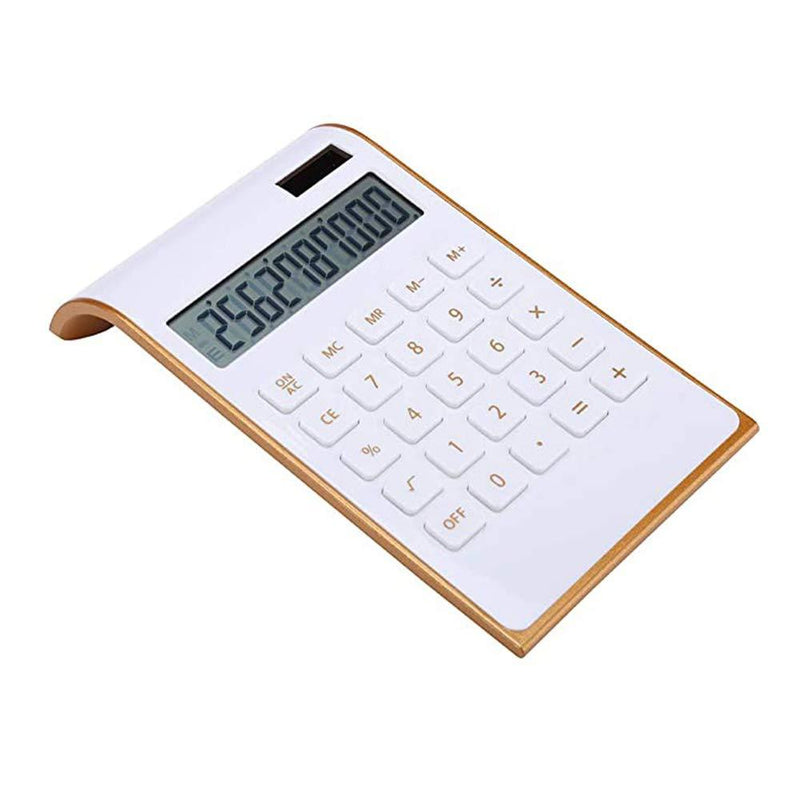 Leoyee Calculator, Slim Elegant Inclined Design, Dual Powered Desktop Calculator, Office/Home Electronics, Solar Power, Tilted LCD Display,10 Digits (White Golden) White Golden