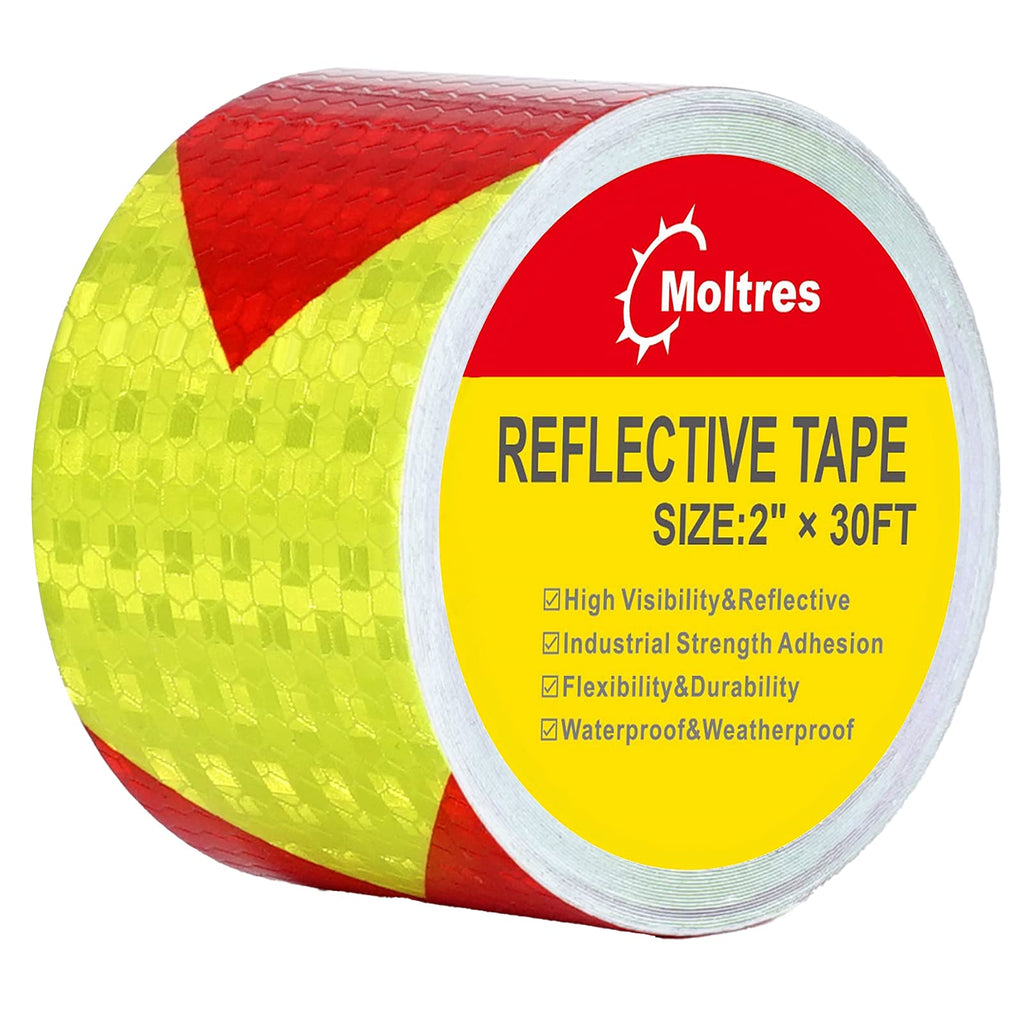 Moltres Waterproof Reflective Tape, Red Yellow 2 Inch X 30 Feet Conspicuity Adhesive Safety Tape,High Visibility Arrow Hazard Caution Warning Reflector Tape for Trucks Cars Trailer Vehicle Outdoor 2" X 30ft