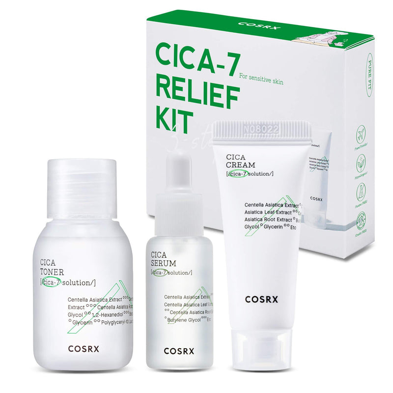 COSRX CICA-7 Relief Kit | TSA Approved Travel Size, Gift Set | Pure Fit CICA Trial | Toner, Serum, Cream | Centella Asiatica, Sensitive Skin, Soothing, Moisturizing