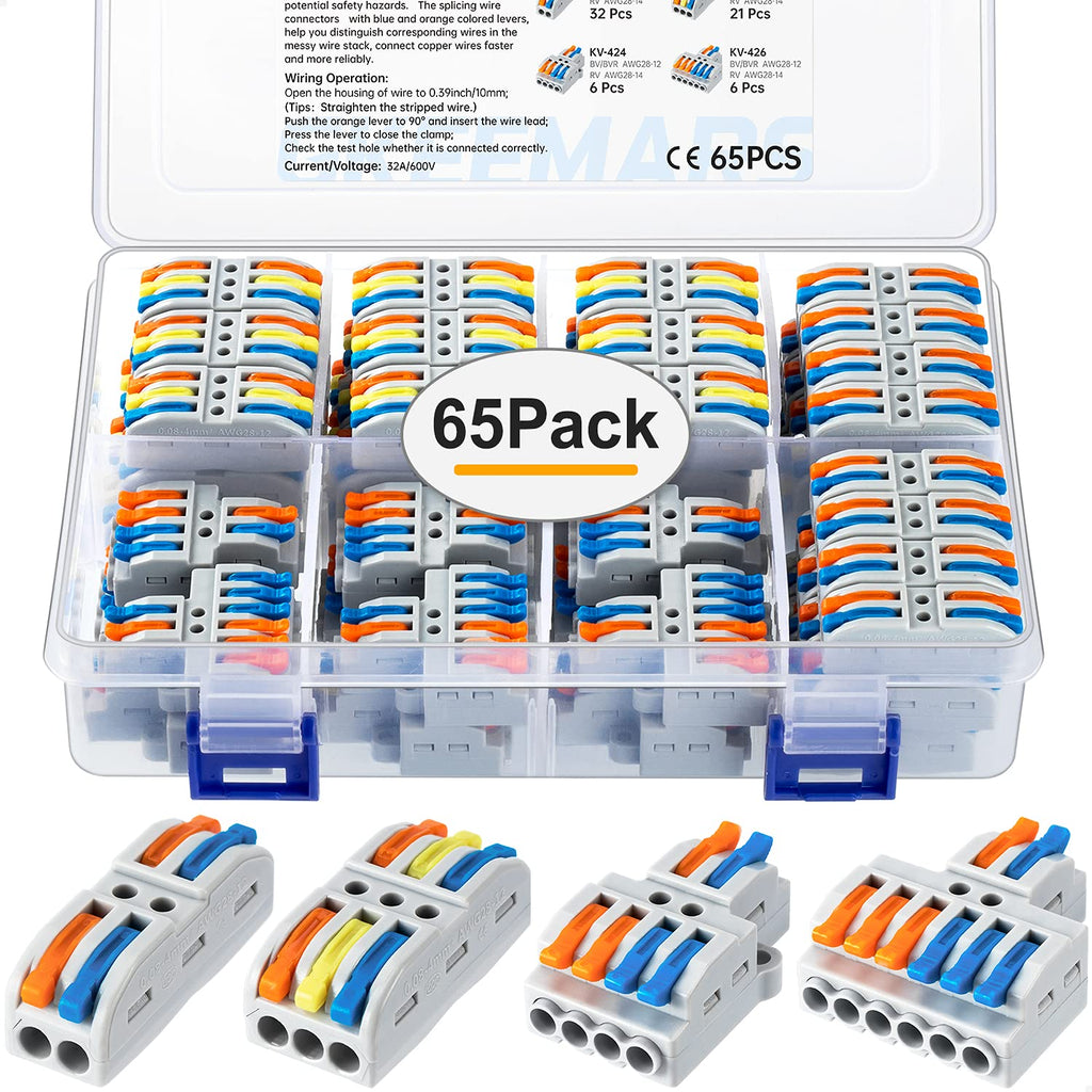 GKEEMARS 65 Pcs Compact Splicing Wire Connectors Assortment Pack Lever Connector Kit, Quick Wiring Connector for AWG 28-12