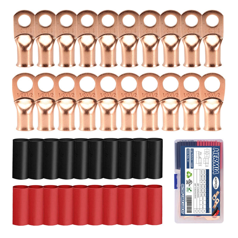 HerMia 20 Pack UL Heavy Duty Wire Lugs 1/0 AWG-1/2'', 1/0 AWG-3/8'' Tubular Ring Terminals Connectors Battery Cable Ends, Bare Copper Eyelets with 3:1 Dual Wall Adhesive Heat Shrink