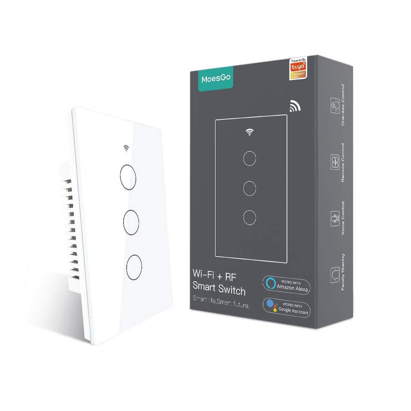 MoesGo 2nd Generation WiFi RF433 Smart Touch Wall Single Fire Smart Switch，No Neutral Wire Needed Compatible with Smart Life/Tuya App, Works with Alexa and Google Home Single Pole 110V White 3 Gang 3 Gang White(No neutral wire required)