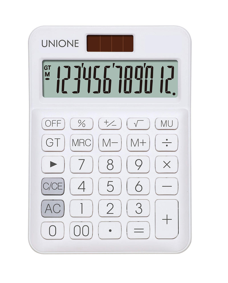 UNIONE Calculator with a Bright LCD, Dual Power Handheld Desktop. Color. Business, Office, High School… (White) White