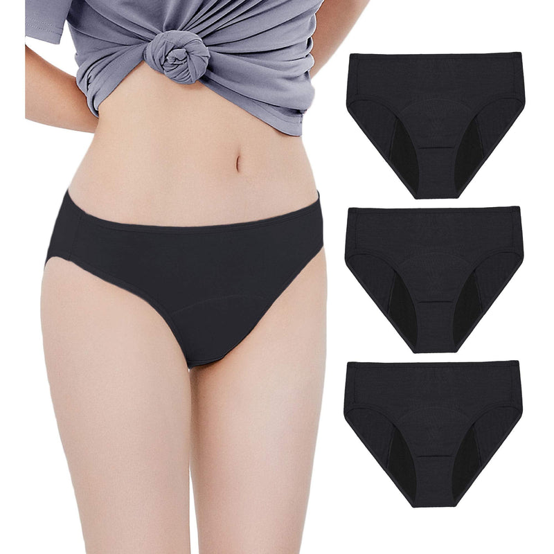 Neione Period Underwear | Menstrual Leakproof Panties | Hi Cut Bikinis | Moderate Absorbency X-Small 3-pk Black Tiga