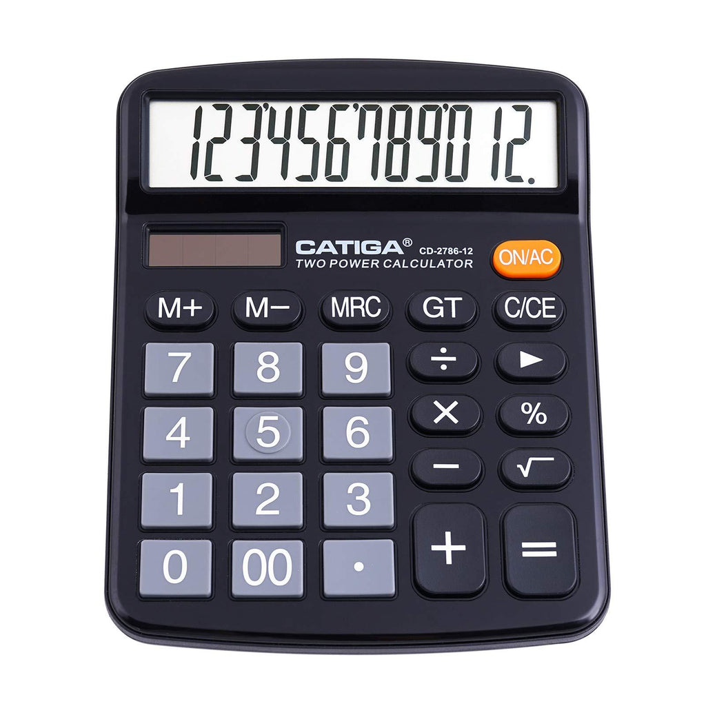 Desktop Calculator 12 Digit with Large LCD Display and Sensitive Button, Solar and Battery Dual Power, Standard Function for Office, Home, School, CD-2786 (Black) Black