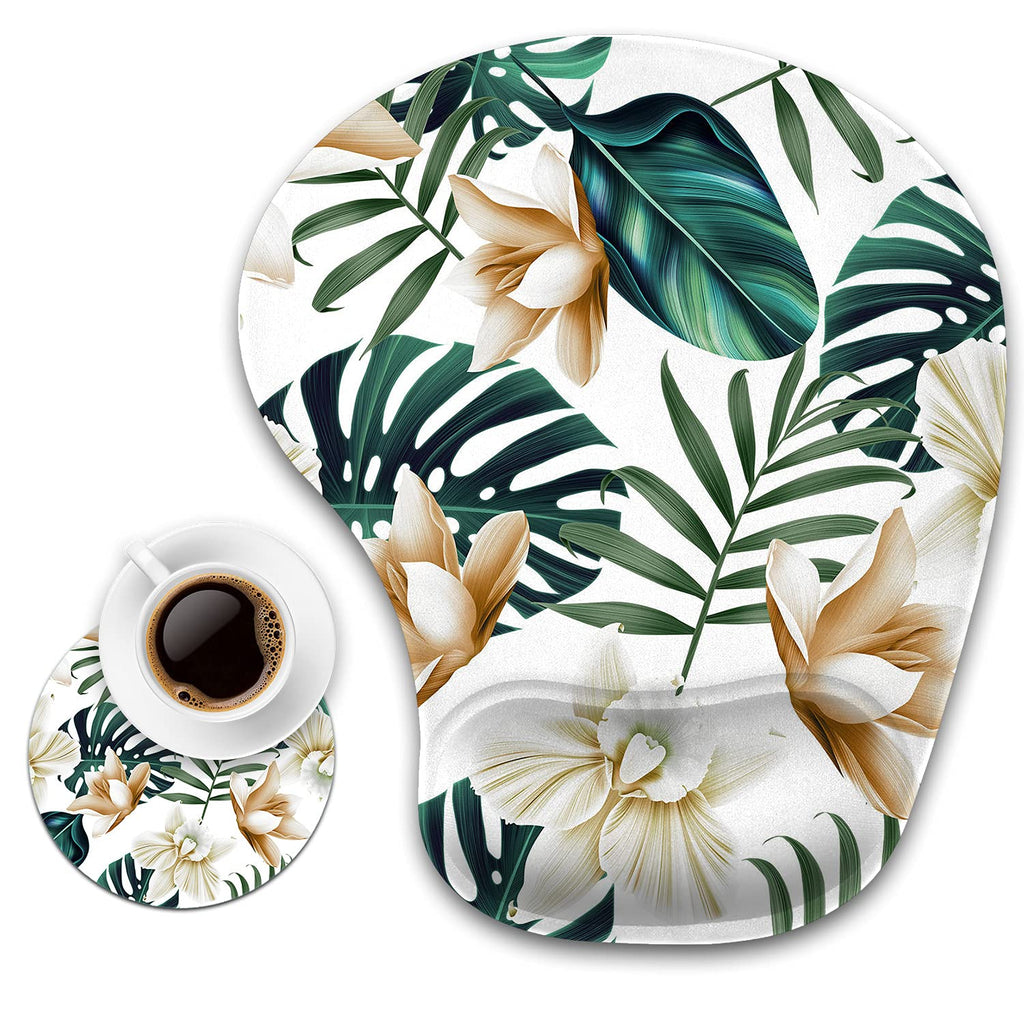 Ergonomic Mouse Pad with Wrist Support and Cup Coaster, Tropical Plant Flower Leaves Non-Slip PU Base Ergonomic Design to Protect Your Wrist for Working Studying Easy Typing & Pain Relief … 19*23